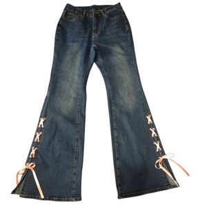 ROMWE Women's Flared Jeans with Pink Ribbon Detail